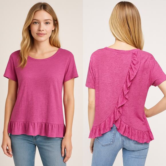 2/$30 J. Crew Pure Linen Ruffle Back Top Pink Short Sleeve L4597 Size M - Picture 1 of 11